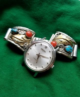 Vtg Seiko Wristwatch Navajo Sterling Silver Turquoise Coral Old Pawn Small Band