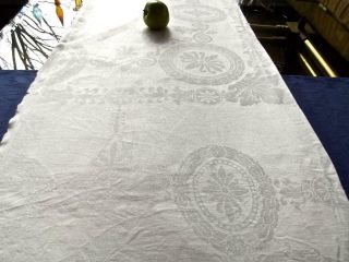 Vintage White Irish Linen 68x100 Banquet Tablecloth Damask Imperial Rosettes