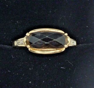 Vintage 9ct Yellow Gold Smokey Quartz & Diamond Ring - Size V
