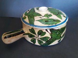 Vintage Tlaquepaque Tonala Mexican Pottery Lidded Pot With Handle Birds Agave