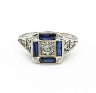 Art Deco 18k White Gold Filigree 0.  30ct Diamond Sapphire Ring Size 5.  75 764b - 4