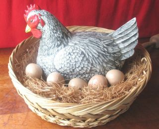 Country Farm Ceramic Hen On Nest W/ 8 Eggs Life Size Plymouth Rock Hen & Basket