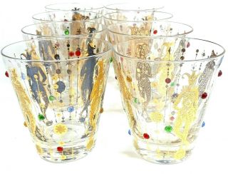 Vintage Culver Mardi Gras Rock Glasses W/ 22k Gold Jester & Rhinestone Set Of 8
