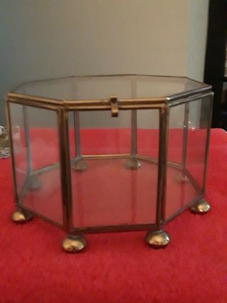 Vintage 8 Sided Octogan Brass Glass Display Case Jewelry Box W/ Ball Feet