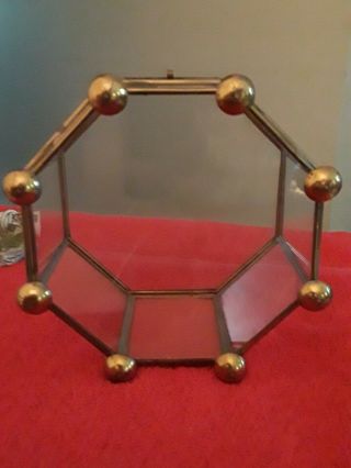 VINTAGE 8 Sided Octogan Brass Glass Display Case Jewelry Box w/ Ball Feet 3