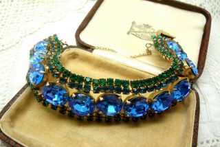 Vintage Jewellery Emerald Green Sapphire Blue Rhinestone Bracelet Stunning