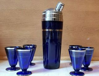 Vintage Cobalt Blue Glass Cocktail Shaker Decanter With 6 Cocktail Glasses