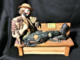 Flambro Signed Dated Emmett Kelly Jr.  Porcelain Clown Figure Seated On Bench Exc