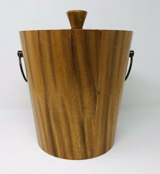 Vintage Kmc Mid Century Modern Teak Wood Ice Bucket Brass Handles.