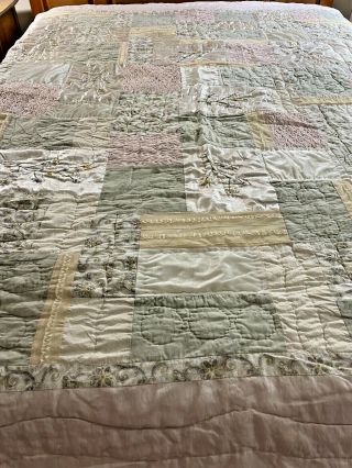 Vintage Hand Crafted & Quilted Ribbon Flowers And Beaded Patchwork Quilt 97”x88”