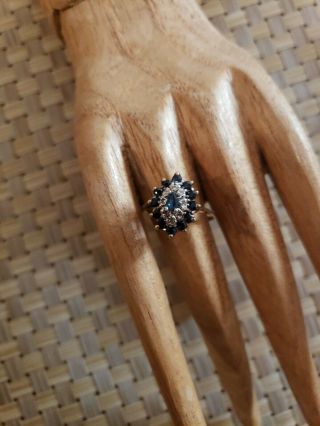 Vintage 10k Yellow Gold Blue Sapphires And Natural Diamonds Cocktail Ring Sz 8