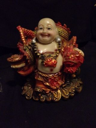 China Resin Dragon Seat Laugh Maitreya Hold Yuanbao Money - Bah Coin Buddha Statue