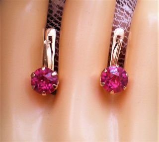 Russian Russia 14k 583 Rose Pink Gold Red Ruby Solitaire Secure Lock Earrings