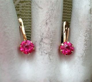 Russian Russia 14K 583 Rose Pink Gold Red Ruby Solitaire Secure Lock EARRINGS 3