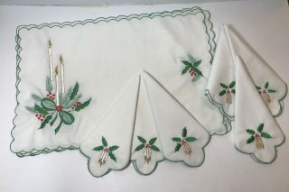 Vintage Mid Century Hand Embroidered Christmas Placemats & Napkins Set 6 Each