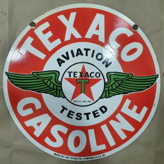 Texaco Aviation Gasoline 2 Sided Vintage Porcelain Sign 24 Inches Round