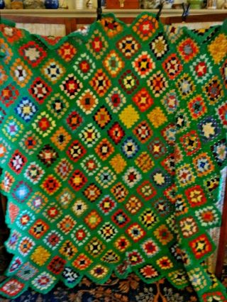 Vintage Mid Century Crochet Granny Green Multi Color Afghan Blanket 62 X 70 "