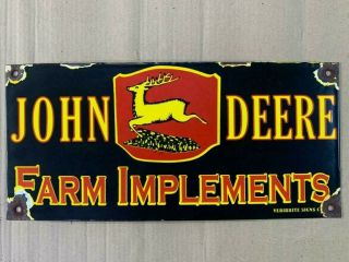 Vintage John Deere Farm Implements Porcelain Enamel Sign 17 3/4 " X8 1/4 "