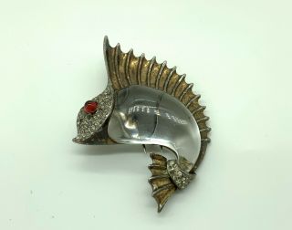 40’s Crown Trifari Bel Geddes Sterling Lucite Clear Jelly Belly Fish Clip Pin