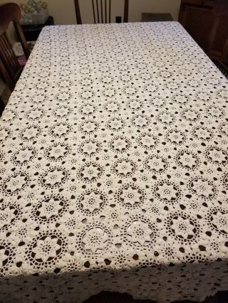 Vintage Crocheted Ivory Table Cloth 98 X 70 Euc Chrochet Dining Table Cover