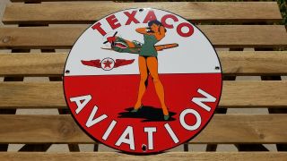 Rare Texaco Gasoline Porcelain Pin Up Aviation Gas Service Station Pump Sign Old