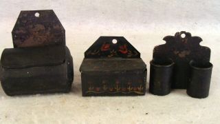 3 Antique 19c Primitive Folk Art Painted Tin Toleware Match Safes