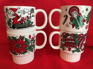 Vintage Christmas Coffee Cups Mugs Stackable Japan Set Of 4 Santa,  Bells,  Poinse