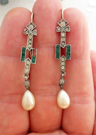 Antique Art Deco Silver & Gold Earrings With Emerald Green & Clear Paste Stones