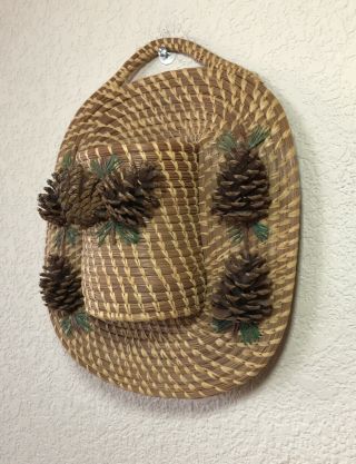 Alabama Coushatta Indian Wall Pocket Hanging Basket Pine Cone Needle Vintage