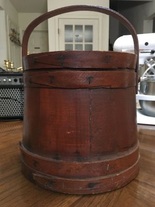 Antique Wood Firkin Sugar Bucket With Lid And Bent Wood Handle Made In 1924