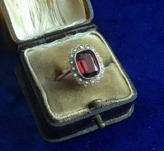 Rare Antique Georgian Solid 18ct Gold Bohemian Garnet & Real Pearl Ring