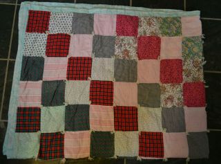 Handmade Red & Pink Patchwork Quilt from Vintage Fabrics - 60 