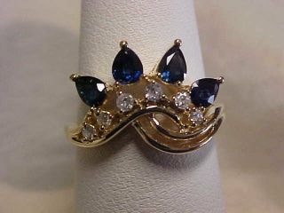 Estate Natural Blue Sapphire & Diamond Crown Ring 14k Yellow Gold Sz6.  25 Gift