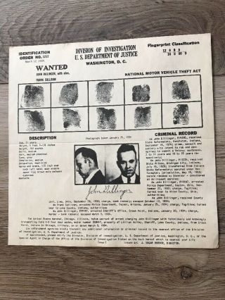 1934 John Dillinger Wanted Poster U.  S.  Dept Of Justice