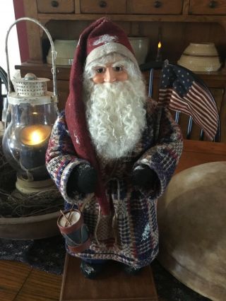 Primitive Handmade Santa With His Hand Made Coverlet Coat And Flag With Drum