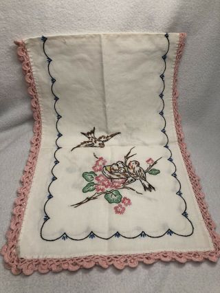 Vtg Hand - Embroidered/crocheted Table Runner/dresser Scarf 44 X 14 Birds Flowers