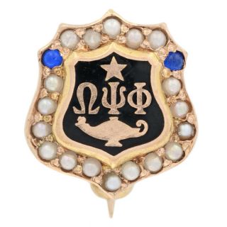 Omega Psi Phi Badge - 14k Gold Synthetic Sapphires & Seed Pearls Fraternity Pin