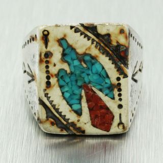Vintage Estate Sterling Silver Turquoise & Coral Navajo - Style Bird Ring