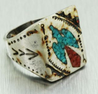 Vintage Estate Sterling Silver Turquoise & Coral Navajo - Style Bird Ring 3