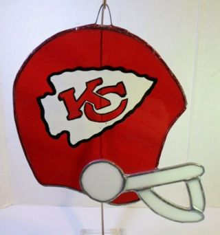 Vtg Kansas City Chiefs Helmet Ornament Suncatcher Hand Craft Leaded Glass 7 " Nfl