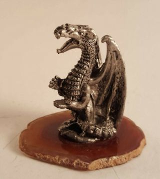 Pewter Dragon Figurine Mounted On Agate Stone Base
