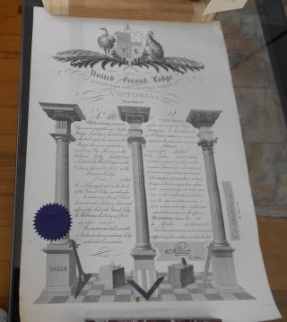 Vintage Masonic Lodge 3rd Degree Certificate Newport Victoria Freemason C1938