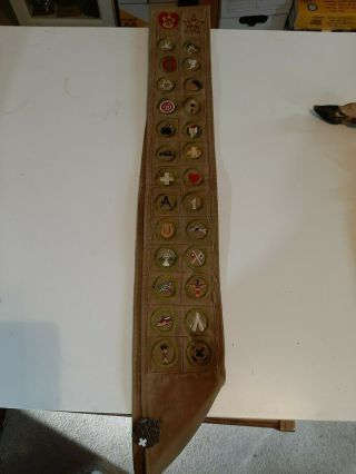 Boy Scout Vintage Merit Badge Sash With 28 Merit Badges,  1 Medal.  About 70 Yea