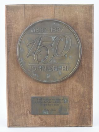 John Deere 150 Year Anniversary 1837 - 1987 Brass Wood Dealer Wall Plaque Sign