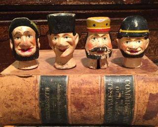 4 Antique Victorian Toy Carved Wooden Punch And Judy Puppet Theatre Puppet Heads