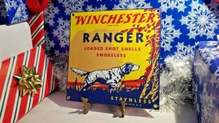 Vintage Winchester Porcelain Ranger 12 Gauge Shot Gun Shells Ammo Firearm Sign