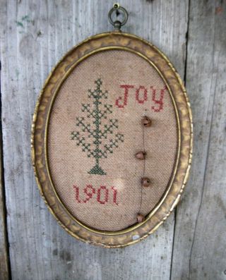 Primitive Christmas Tree Cross Stitch on Linen Antique Wood Frame 2