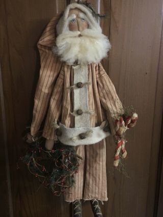 Primitive 26 " Santa Doll With Wreath And Candy Canes Winter Decoration Folk Art