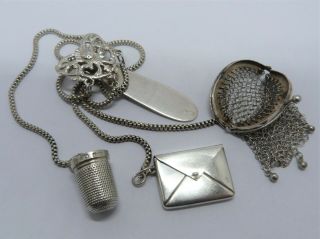 1900 Samuel Jacob - Solid Silver - Chatelaine Clip With Stamp Case,  Thimble & Bag