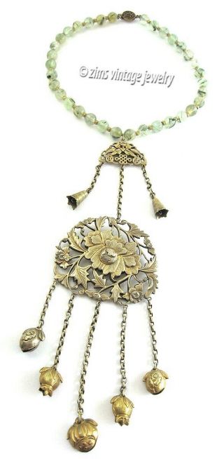Antique Chinese Repousse Gold Silver Floral Bat Bell Charm Long Necklace Quartz